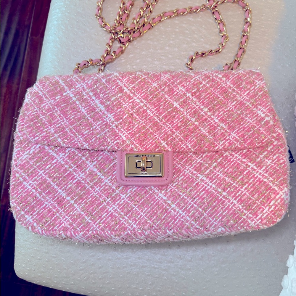 Jumbo NWT Karl Lagerfeld Pink gold sparkle tweed purse handbag Stunning $348
